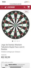 Jogo de Dardos Western Tabuleiro Dupla Face com 6 Dardos | R$ 40