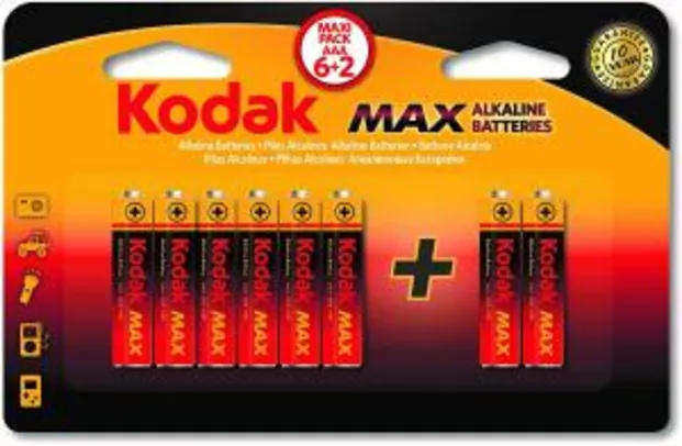 Pilha Max Alcalina AAA Palito com 6+2 Unidades, Kodak, 30414440 R$ 10