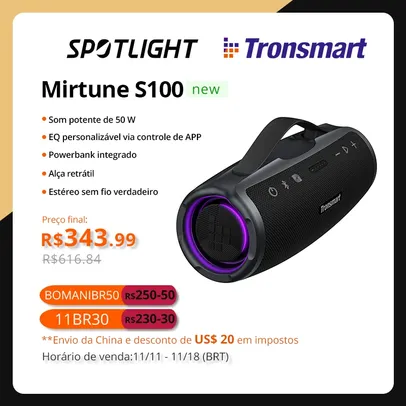 [R$ 394,58 MOEDAS/ APP/ TX INCLUSA] Caixa de Som Bluetooth Tronsmart Mirtune S100 RGB , 50W caixa de som com IPX7 À Prova D' Água