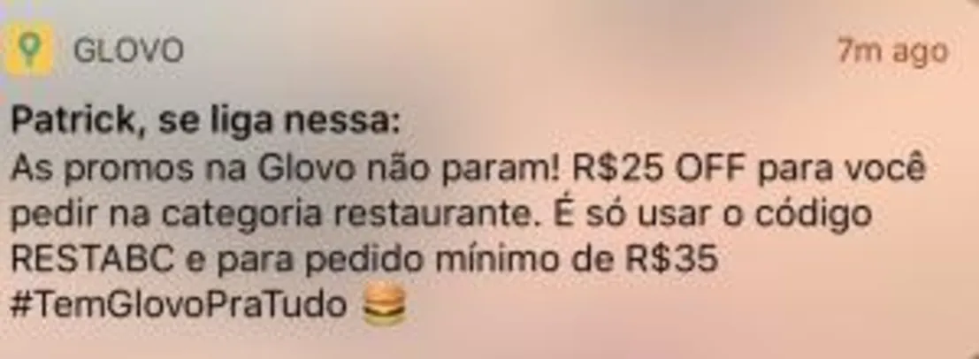 R$25 Off em Restaurantes no Glovo (Apenas no Grande ABC)