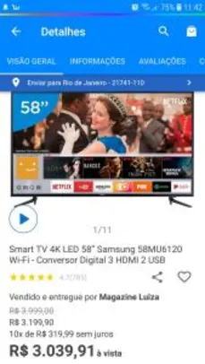 Smart TV 4K LED 58” Samsung 58MU6120 Wi-Fi - R$3.040