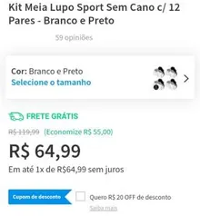 Kit Meia Lupo Sport Sem Cano c/ 12 Pares - Branco e Preto