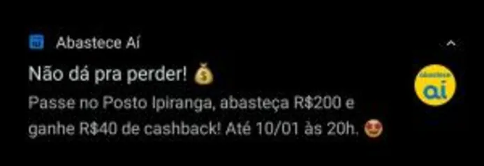 Abasteça R$200 no Posto Ipiranga e ganhe R$40,00 de cashback