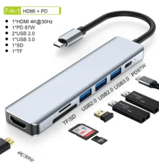 HUB 7 em 1 (HDMI 4K 30fps, 2 USB [2.0], 1 USB [3.0], 1 PD[87W],  1 SD, 1 TF)