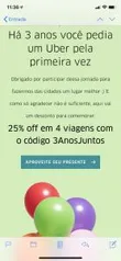 [Selecionados] 25% off em 4 viagens no Uber