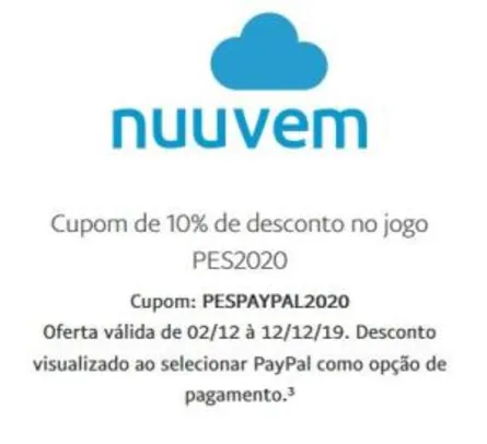 Cupom de 10% de desconto no jogo PES2020 pagando via PayPal (Nuuvem)