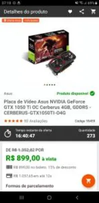 Placa de Vídeo Asus NVIDIA GeForce GTX 1050 Ti OC Cerberus 4GB, GDDR5 R$900