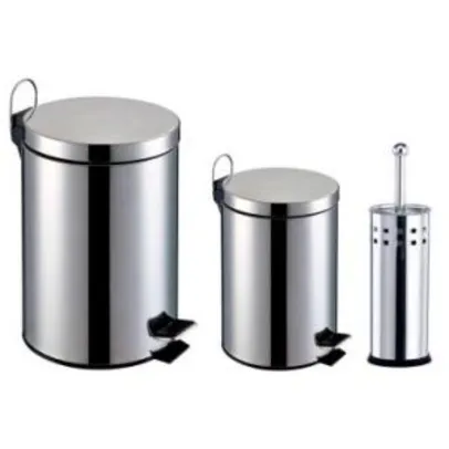 Kit Banheiro 3 Peças: Lixeiras em Aço Inox com capacidade para 3 e 5L + Escova Sanitária com Cerdas Flexíveis e Suporte em Aço Inox - Home&Garden R$50,00 de desconto