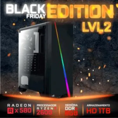 PC Gamer Black Edition AMD Ryzen 5 2600 3.4GHz / Radeon RX 580 4GB / Memória 8GB DDR4 / HD 1TB | R$3.089