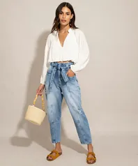 Calça Baggy Jeans com Recortes Cintura Super Alta Destroyed com Faixa Para Amarrar Sawary Azul Médio