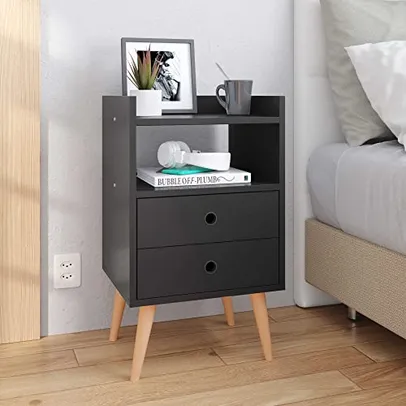 Mesa De Cabeceira Quarto Dream 2 Gavetas com Pés Estilo Retrô (Preto)