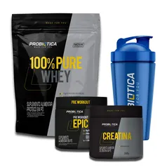 Kit Whey 100% + Creatina 300g + Pré-treino 300g + 2 coqueteleiras