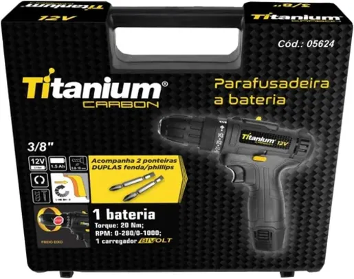 [ PRIME ] Furadeira Parafusadeira a Bateria 3/8 12v Titanium Carbom 1000RPM 20NM com Maleta