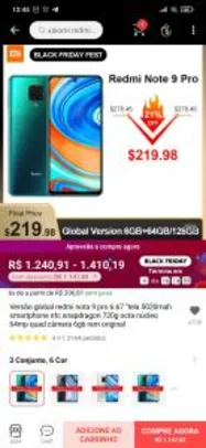 Smartphone Redmi Note 9 Pro 6GB + 64GB | R$1.147