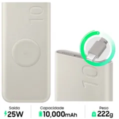 Bateria Carregador Portátil Sem Fio 2x USB-C, 10000mAh, Carregamento Rápido 25W, Com Cabo Tipo-C Incluso 