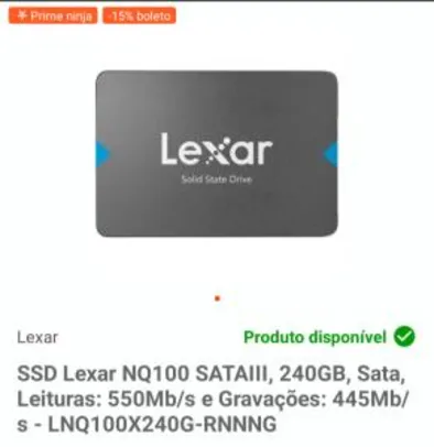 (ACABANDO) SSD Lexar NQ100 SATAIII, 240GB, SATA | R$196 (AVISTA com -5% no link)