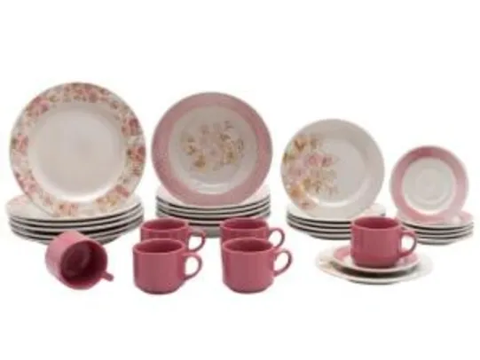 Aparelho de Jantar Chá 30 Peças Biona - Cerâmica Redondo Rosa Donna AE30-5160 | R$180