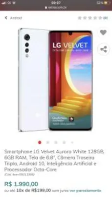 Smartphone LG Velvet Aurora White 128GB, 6GB RAM R$1990