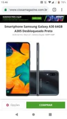 Smartphone Samsung Galaxy A30 64GB A305 Desbloqueado Preto - R$1234