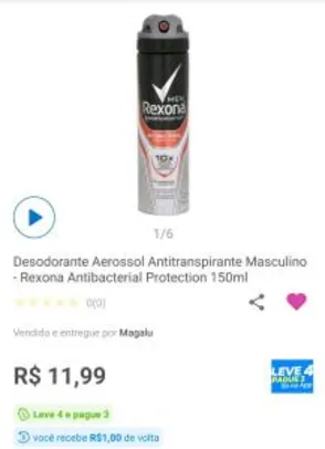 Antitranspirante Aerosol Rexona Antibacterial Protection Masculino - 150ml | R$ 8