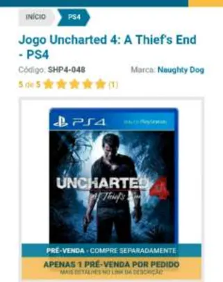 [ShopB] Uncharted 4 A Thief's End - R$166
