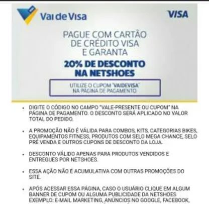 - 20% pagando com cartões VISA - Oferta Vai de Visa na Netshoes