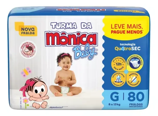 Fralda Descartável Turma da Mônica Baby G Pacote 80 Unidades Leve Mais Pague Menos