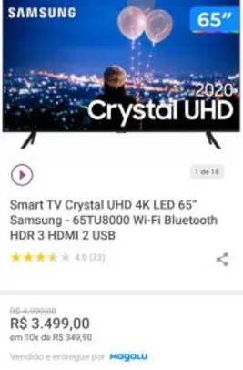 Smart TV Crystal UHD 4K LED 65” Samsung - 65TU8000 | R$3.499