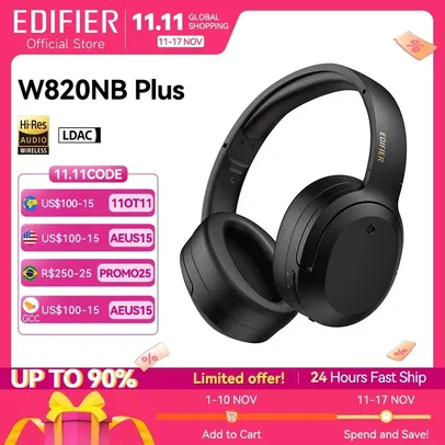 [Taxa inclusa] Fone Ouvido Edifier W820NB+ PLUS com Cancelamento de Ruídos, LDAC, 49h bateria