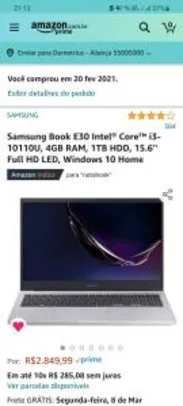 Notebook Samsung Book E30 Intel® Core™ i3-10110U, 4GB RAM, 1TB HDD, 15.6'' Full HD LED | R$2850