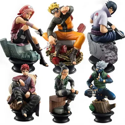 Kit 6 bonecos personagens Naruto, Sasuke, Sakura, Kakashi, Gaara e Shikamaru - Action figure