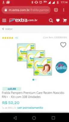 Fraldas Pampers Premium Care RN+ [Kit com 108 Unidades] R$52