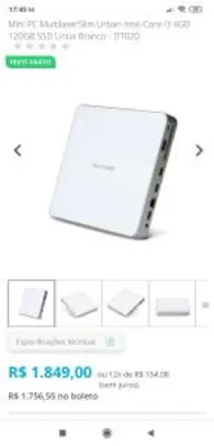[AME R$970 ] Mini PC MultilaserSlim Urban Intel Core i3 4GB 120GB SSD Linux Branco - R$1294