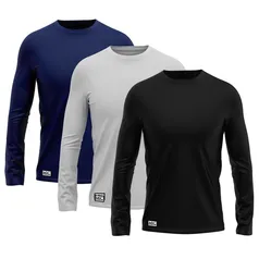 Kit com 3 Camisetas Manga Longa Lisa Proteção Solar UV +50 Masculina