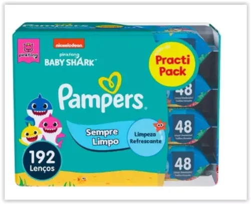 Lenço Umedecido Pampers Splash Baby Shark 4 Pacotes com 48 unidades cada