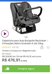 Cadeirinha para Auto Burigotto Matrix Evolution K até 25kg R$478