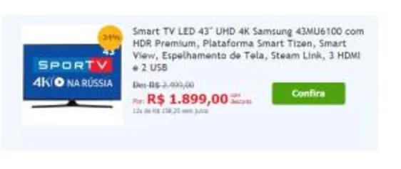 Smart TV LED 43" UHD 4K Samsung 43MU6100