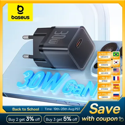 Carregador BASEUS GaN, Compacto, Fast Charge de 30W, Tipo C