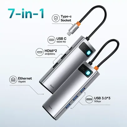 Hub USB C Baseus 7 in 1 C/ 2HDMI + Ethernet + 3USB3.0 + USB C 100W PD 