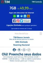 TIM Controle 5GB + 2GB de bônus + Redes Sociais grátis por 3 meses - R$50