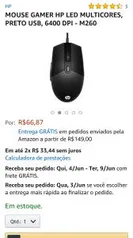 MOUSE GAMER HP LED MULTICORES, PRETO USB, 6400 DPI - M260 | R$67