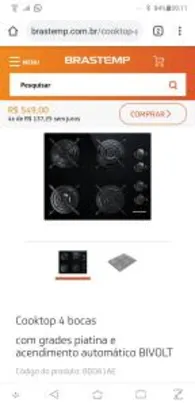 Cooktop 4 bocas com grades piatina e acendimento automático BIVOLT BRASTEMP BDD61AE