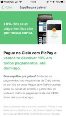 10% cashback em pagamentos Cielo com PicPay