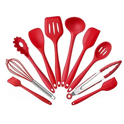 JG STORE Kit 10 Peças Jogo De Utensílios De Silicone Maciço Cozinha Inox Pegador Espátula Colher Concha Pincel (Vermelho)