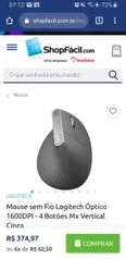 Mouse sem Fio Logitech Óptico 1600DPI - 4 Botões Mx Vertical Cinza | R$375