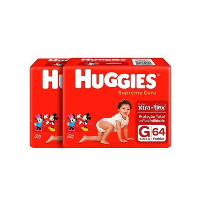 Kit com 2 pct de  Fraldas Huggies Supreme Care Hiper G 64 Unidades