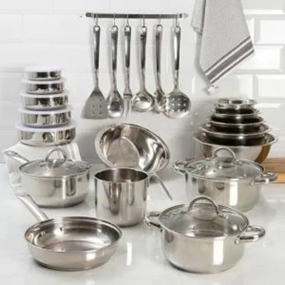 Kit Inox 23 Peças - Conjunto Panelas Inox 5 Peças + Pote 5 Peças + Tigela 5 Peças + Conjunto Utensílios Inox 7 Peças + Escorredor de Arroz 26 cm - La Cuisine - R$202