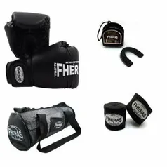 Kit Boxe Muay Thai Trad-Luva Bandagem Bucal Bolsa - Preto |R$178