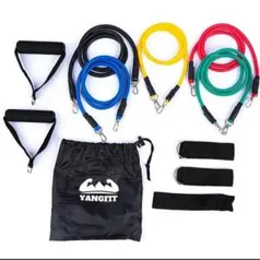 Kit Elástico Extensor com 11 Itens Treino Funcional Yangfit - Preto+Amarelo | R$ 110