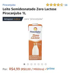 PRIME - Leite Semidesnatado Zero Lactose Piracanjuba 1L